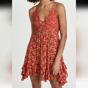 Free People FP One Adella Printed Mini Slip Dress Lace Ruffle Summer Smocked -L